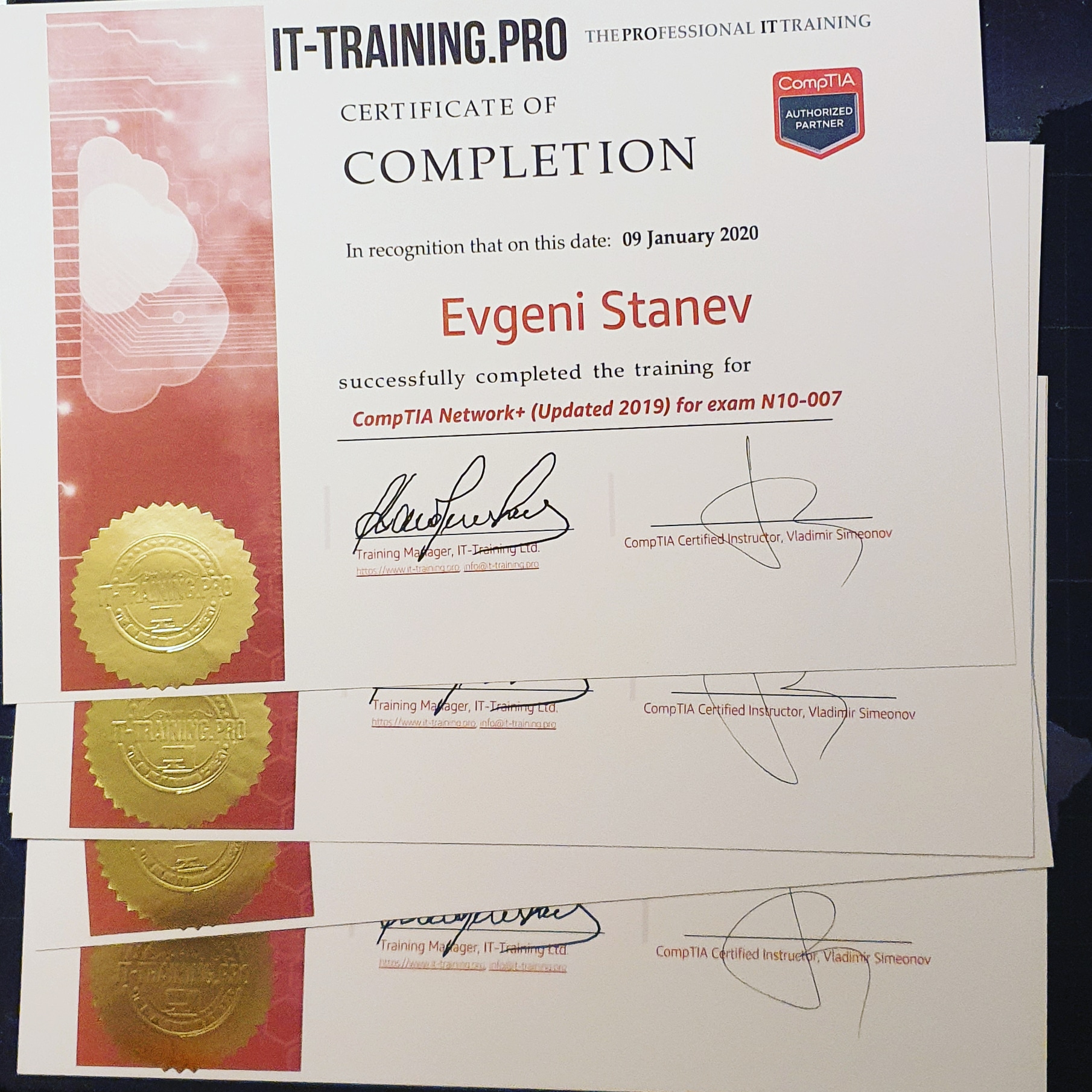 CompTIA Network+ N10-007 Feb-2020 Certificates of Completion