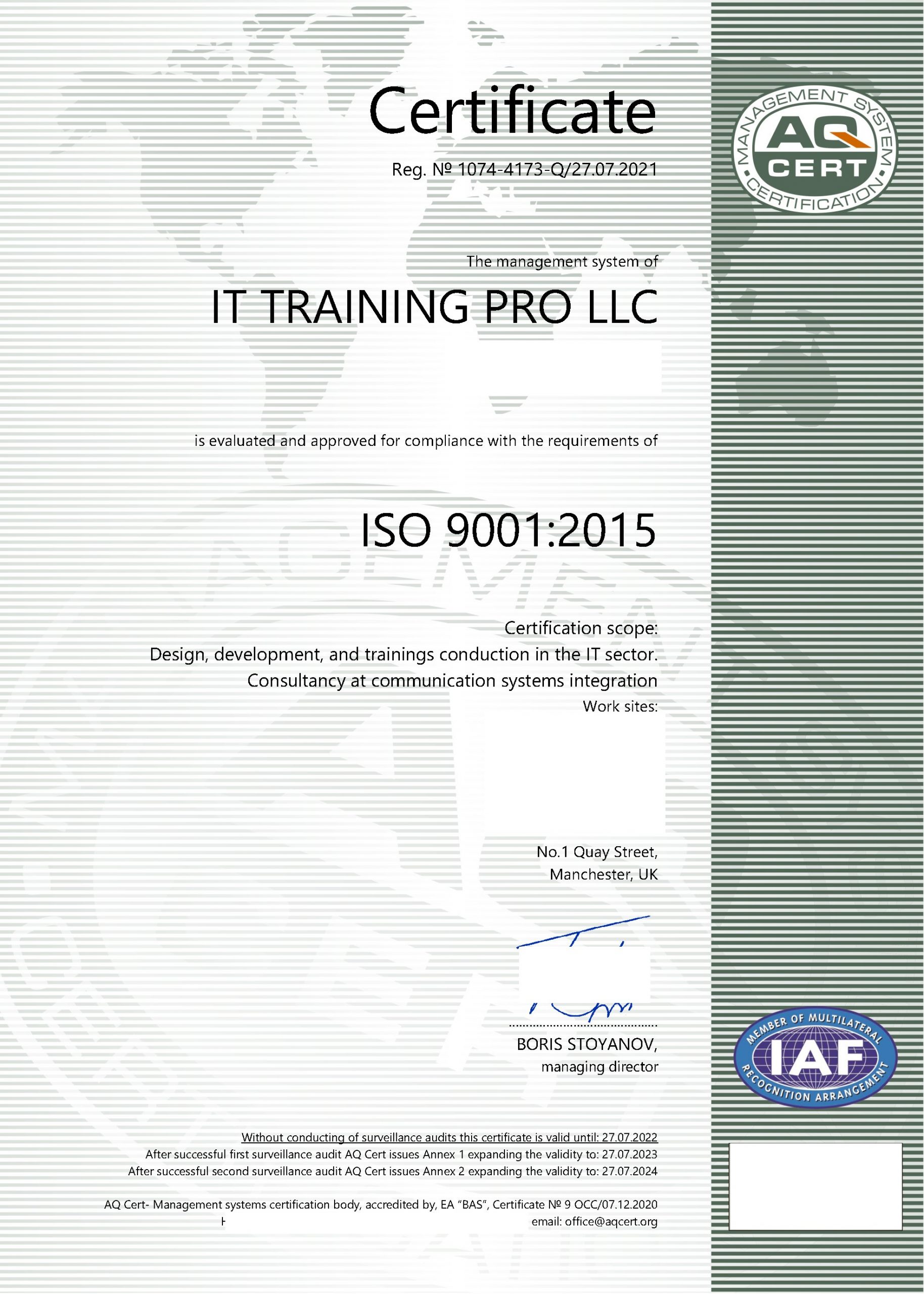 ISO 9001:2005 Certified in Trainings